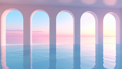 アーチの窓から見える海と柔らかな光、透明感のあるミニマル空間｜Minimal Space with Arched Windows and Soft Ocean View Light