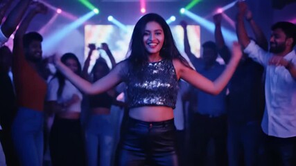 Vibrant Indian woman dancing and smiling on a crowded nightclub dance floor, enjoying live music and colorful laser lights with energetic friends at a lively party concert night