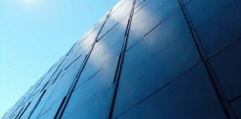 Advanced Solar Panel Integration into Modern Architecture An abstract, low angle shot of a modern building facade where sleek, dark solar panels are seamlessly integrated into the geometric