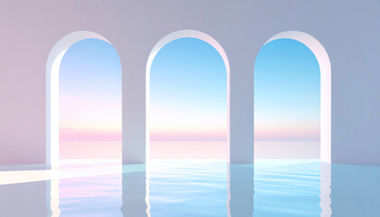 アーチの窓から見える海と柔らかな光、透明感のあるミニマル空間｜Minimal Space with Arched Windows and Soft Ocean View Light
