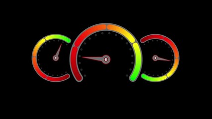 Triple Speedometer Dashboard Animation Loop, Three Level Indicator Gauges Set, Colorful Racing Meter Array Motion Graphics
