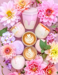 A collection of coffee cups and lattes arranged amidst a vibrant display of pink and purple flowers. The composition showcases the drinks and blooms in a visually appealing and artistic manner.