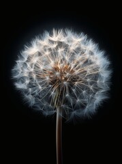 Fototapeta premium Elegant dandelion flower with soft white seeds on black background - luxury minimal floral close-up for beauty, decor, and design projects