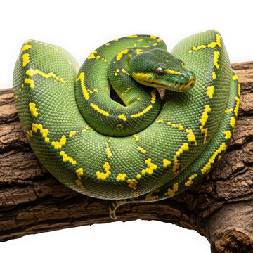 Green python coiled resting isolated on transparent background isolated on transparent background