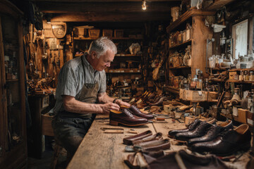 Shoemaker working on leather shoes by hand at a wooden workbench