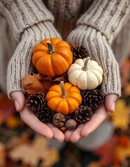 A person is holding a collection of miniature pumpkins, pinecones, and fall leaves in their hands. The person is wearing a knitted sweater, and the background is a blur of autumnal colors.