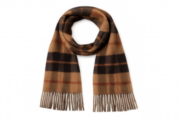 Elegant brown plaid cashmere wool scarf with fringe, winter fashion accessory, cozy textile on transparent background