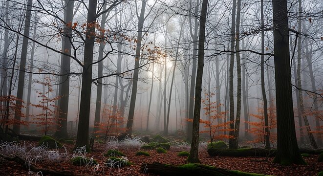 Misty forest scene with tall trees and autumn foliage under overcast skies