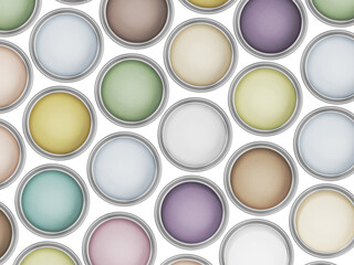 Paint cans full of soft, pastel colours on transparent background. 3D illustration