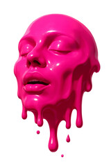 Glossy Neon Pink Melting Face Sculpture of a Woman with Eyes Closed and Lips Parted in a Dreamlike Surreal Art Composition
