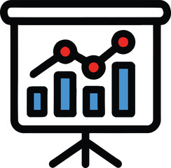 Blue bar chart with red data points on a white presentation screen graph statistics
