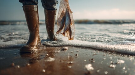 Coastal fishing adventure with fresh catch by the seashore,World Fisheries Day