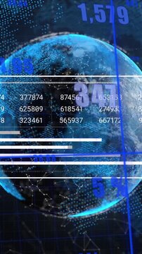 Animation of changing numbers, graphs and bats over connected dots around globes