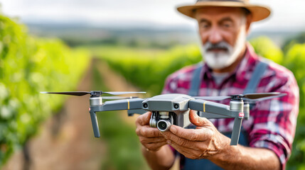 Fototapeta premium Farmer operates a drone in a vineyard to monitor grape rows and crops
