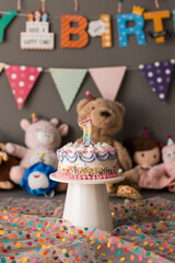 Birthday Smash Cake for a first birthday party for a girl Carnival style with Teddy bears and plush toys
