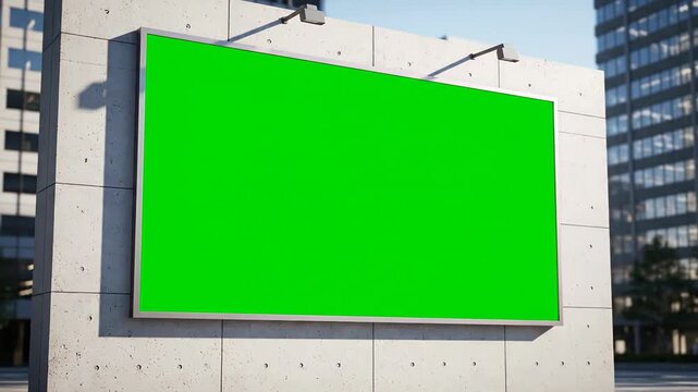 Contemporary cityscape showcasing a prominent empty billboard equipped with a green screen for personalized content. Perfect for creating advertising and marketing samples
