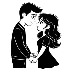 Cartoon couple holding hands black and white style
