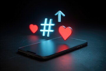 Social media engagement: smartphone with heart, hashtag, and up arrow icons, trendjacking, trending topic, trends, social media, viraljacking, newsjacking, , online reaction