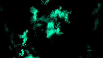 Fototapeta premium Abstract dark background with vivid turquoise green powder cloud spreading in the air. Soft smoky mist texture with gradient lighting and artistic digital particle dispersion effect.