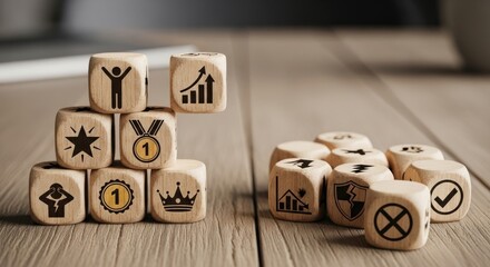 Wooden Dice with Success Icons Stacked on a Wooden Surface