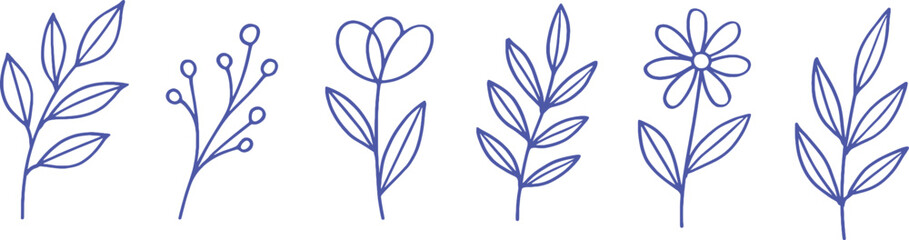 Obraz premium Blue line art floral elements on white background flower leaf