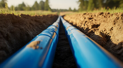 Two blue pipes lying in a trench amidst a dirt landscape, hinting at infrastructure development or underground utilities installation. The focus is on connection and progress.