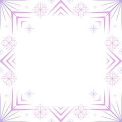 Chic, feminine vector border frame featuring large, stylized geometric snowflakes and starbursts in soft pink and lavender and accents surrounding a central blank area with copy space.