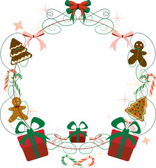 Detailed, festive Christmas wreath featuring an arrangement of gingerbread cookies, gift boxes, candy canes, and swirling ribbons in a warm red, green, and pink colors, perfect for a holiday designs.