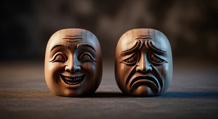 Wooden masks depicting happiness and sadness embodying emotional duality