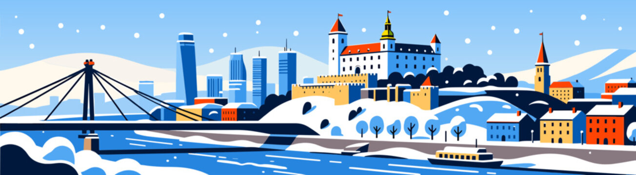 Bratislava skyline with castle in snowy winter vector