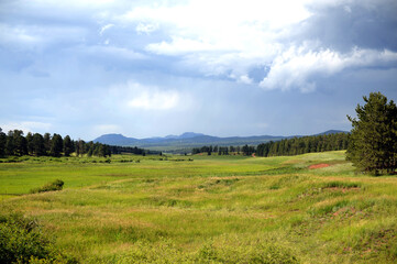 Fototapeta premium Vast green meadow with rolling hills and dramatic stormy clouds a serene natural landscape for outdoor adventure and environmental themes
