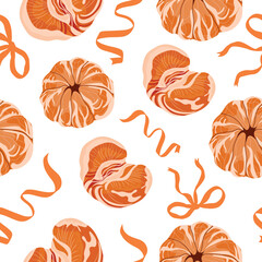 seamless pattern with peeled tangerines and orange bows and ribbons, for holiday packaging, textiles or other thematic design