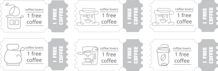 coupon templates with the option to get one free coffee with various coffee-related icons, for promotions, discounts