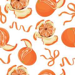 seamless pattern with half-peeled tangerines and orange bows and ribbons, for holiday packaging, textiles or other thematic design