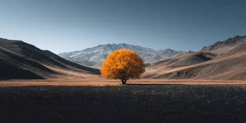 A lone tree with golden foliage stands in a vast field with mountains and blue sky in background