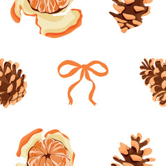 pattern with ripe tangerines and pine cones of different sizes with bows, for holiday packaging, textiles or other thematic design