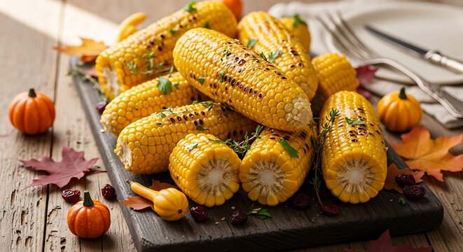Grilled corn on the cob with fall decorations on wooden surface - Powered by Adobe