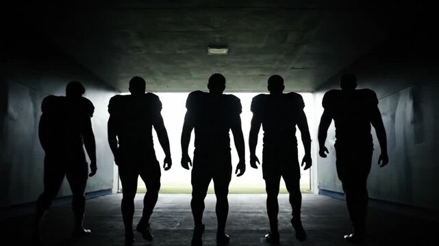 Silhouette of an American football team walking together through a stadium tunnel. Teamwork and unity concept.