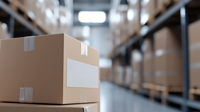 Cardboard boxes stacked in a warehouse. Pallets visible in the background, ready for distribution. Logistics and storage solutions for efficient supply chain management. - Powered by Adobe