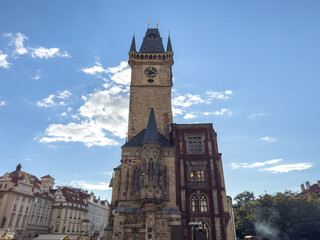 Prague Astronomical Clock and Old Town Square with St. Nicholas Church and Týn Church — iconic European landmark and popular travel destination.