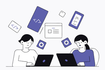 Two women coding on laptops surrounded by app development icons vector illustration for software engineering and web design projects
