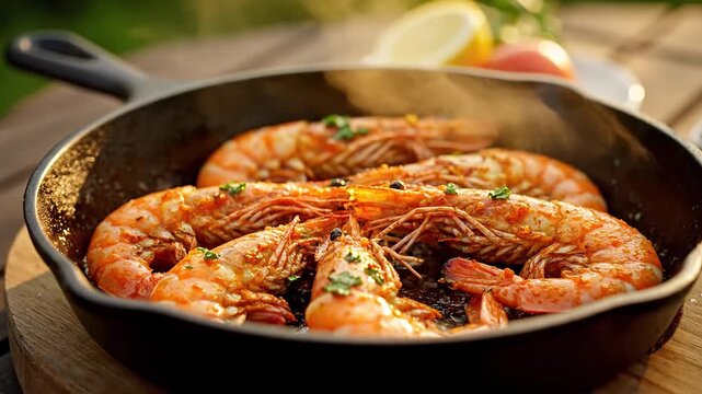Tiger prawns cooking on a sizzling hot black cast iron skillet. A delicious seafood dish seasoned with garlic, herbs, and lemon, prepared in the great outdoors