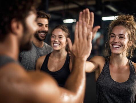 Celebraci&oacute;n grupal post-entrenamiento, capturando esfuerzo compartido, motivaci&oacute;n deportiva y energ&iacute;a positiva en entorno industrial.Personas sonrientes en gimnasio con pesas y luz natural.
