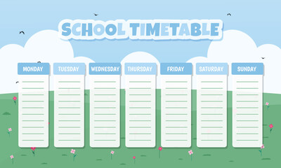 School timetable for student and kids with cartoon landscape background