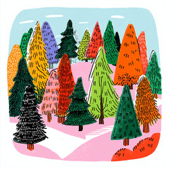 Colorful winter forest snowy pine trees illustration