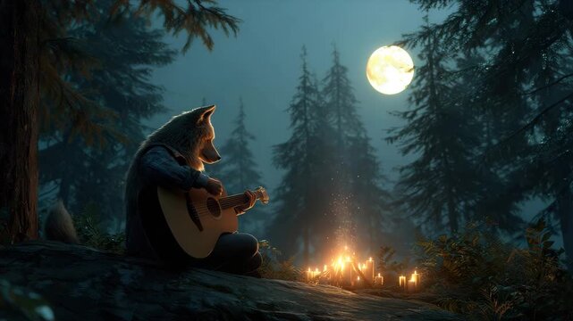 Mystical wolf serenades under a luminous full moon by a crackling campfire, a captivating scene of nocturnal enchantment and primal harmony.