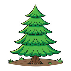 A vibrant cartoon illustration of a lush green fir tree with a textured trunk and small tufts of grass growing around its base on a white background
