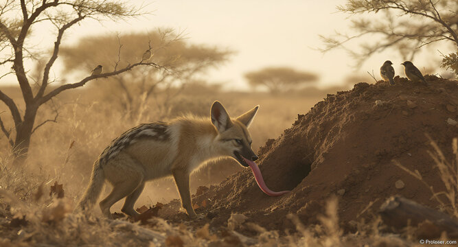 Near a termite mound, an aardwolf uses its long, sticky tongue to collect insects from narrow tunnels. Ai