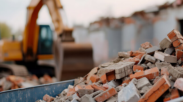 Debris from a building demolition includes broken bricks and other materials. Heavy machinery is in the background, suggesting ongoing construction or demolition activity.