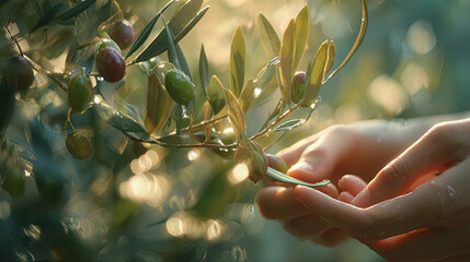 Close-up of hands gently harvesting ripe olives from a lush green olive tree branch, showcasing the beauty of nature and the art of traditional agriculture